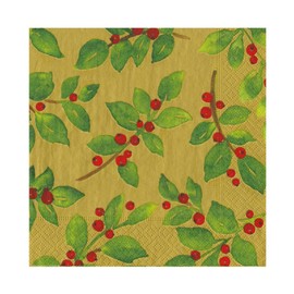 Caspari Painted Holly Gold Recycled Luncheon Napkins - Includes 12 Packs of 20 Luncheon Napkins