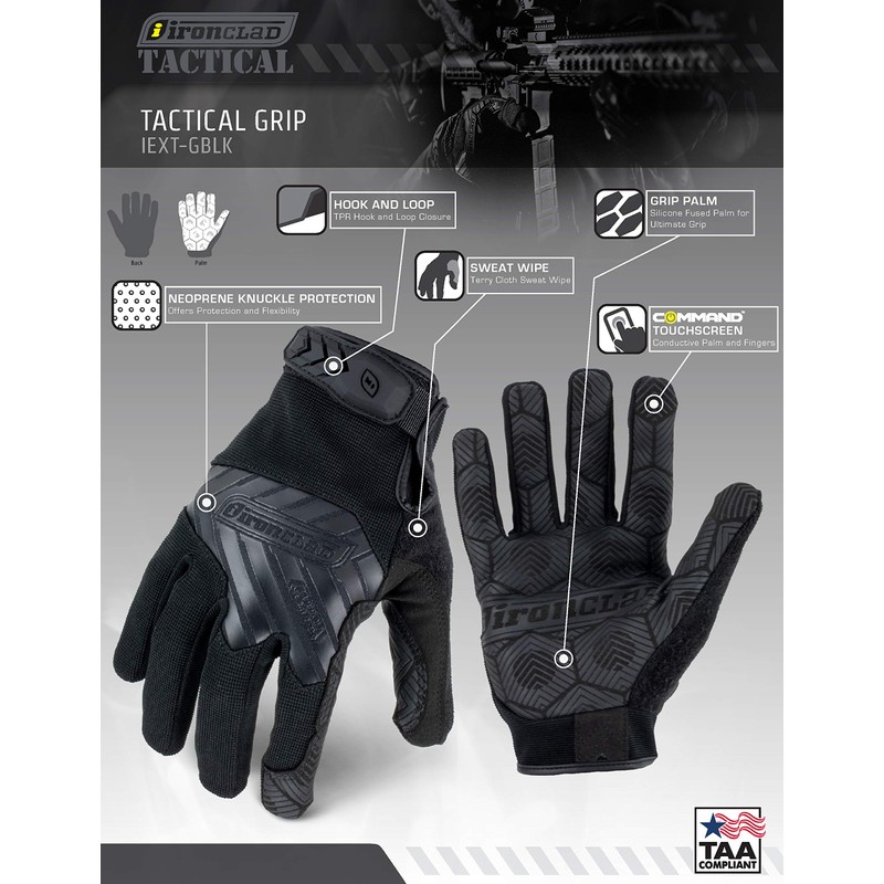 Ironclad Tactical Women's Grip Gloves, Small, Black