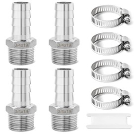 Josaton Barb Hose Fitting Stainless Steel 3/4” Male x 3/4” Barb (19mm), Hose Connector with Hose Clamp 4 Set Hose Pipe Fitting for Air Water Fuel