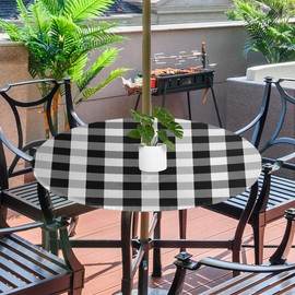 Peaom White Black Plaid Outdoor Tablecloth with Umbrella Hole, Round Elastic Fitted Table Cloth with Zipper, Waterproof Picnic Patio Table Covers Fits 36-44 in Tables