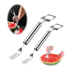Garegce 2Pcs Watermelon Slicer Fork Melon Slicer, 2-in-1 Stainless Steel Double Head Melon Cutter Slicer Tool, Fruit Watermelon Cutter for Home Kitchen Parties Camping Picnic -Silver