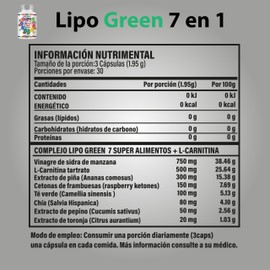 Lipo Green 7 EN 1. 750mg Vinagre de Manzana, 500mg Carnitina, 300mg extracto de piña, 150mg Cetonas de frambuesa, 100mg Té verde, 80mg Chía, 50mg extracto de pepino, 20mg Toronja 90 Cápsulas.
