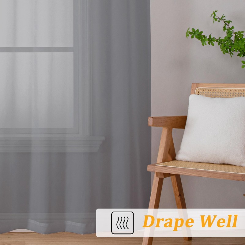Gwine Charcoal Grey Sheer Kitchen Curtains 36 Inch Length, Light