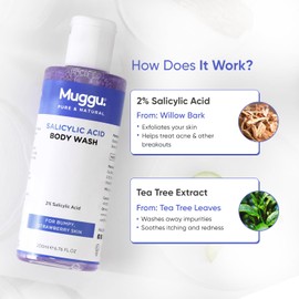 Muggu Skincare Salicylic Acid Body wash with 2% Salicylic Acid, Tea Tree Extract, and Aloe Vera Extract | Anti Acne Exfoliating Body Wash for Men & Women - 200 ml