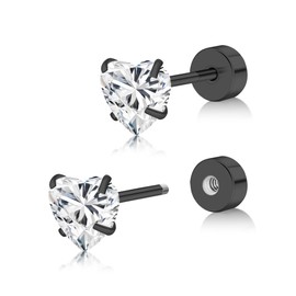 BLISI Heart Titanium Flat Back Earrings - Gold, Pink, Black & Silver 5mm Cubic Zirconia Earrings Studs Stylish Hypoallergenic Screw-Back Earring for Women - Lightweight Classic Stud for Daily Wear