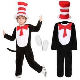 Antsparty Cat in the Hat Costume for Kids, World Book Day Cat Costumes with Jumpsuit Hat Gloves, Cat in the Hat Fancy Dress Up for World Book Day Boys Girls