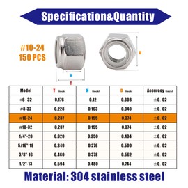 #10-24 Nylon Insert Hex Lock Nuts 150 Pack 304 Stainless Steel Self-Locking Nylon Lock Nuts Plain Finish for Industrial Construction Fasteners