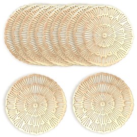 ASFINS Coasters, Gold, Pack of 12 Coasters, Glasses, Place Mats, Round Vinyl Hollow Place Mats, Wipe Clean, PVC Table Coasters for Kitchen, Home, Dining Table (12 x 12 cm)