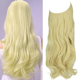 Hair Extension Bleach Blonde Highlight Long Synthetic Hairpiece Curly Wavy 20 Inch 4.4 Oz Hidden Wire Headband for Women Heat Resistant Fiber No Clip OMGREAT