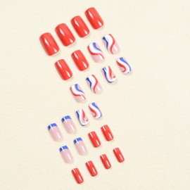 Independence Day Press on Nails Short Square Red Blue White Tricolor Stripe False Nails Artificial Acrylic Nails Holiday Nails French Fake Nails Full Cover Coffin Nails Glue on Nails for Women July 4
