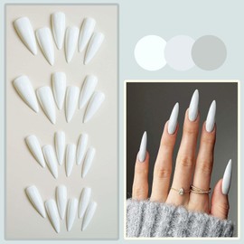 ONPRESS Press on Nails Extra Long Stiletto Fake Nails Popular Pure Color Soild Glue on Nails White Sharp Almond Reusable False Nails Finger Extensions Accessories Glossy Stick on Nails 24Pcs