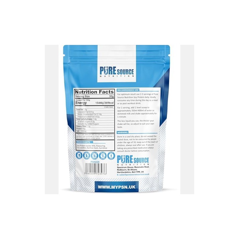 Pure Source Nutrition Soy Protein Isolate Powder (90% Protein) 250g