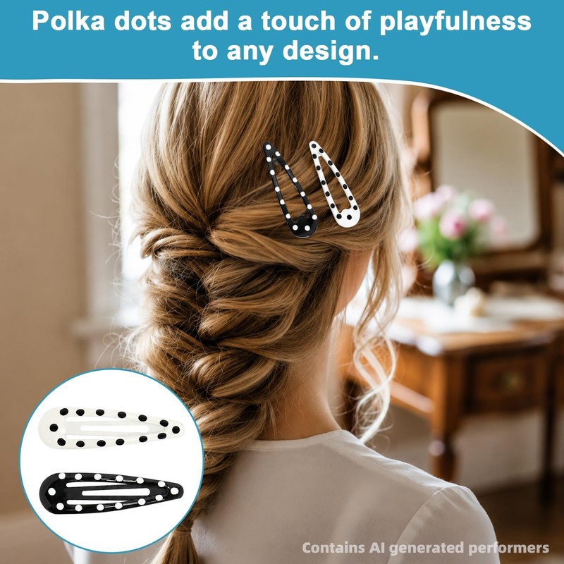 12 Pcs Polka Dot Hair Clips Black White Water-Drop for