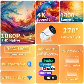 Mini Projector, Support 4K 1080P Portable Projector with Dual Band WiFi6 5G and Bluetooth 5.4, 270° Rotatable, Auto Keystone Correction, 35"-100" Video Projecto Compatible with HDMI/USB/Phone - White