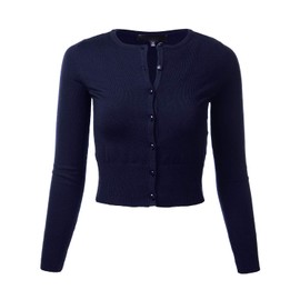 FLORIA Cárdigan corto de punto con cuello redondo y botones para mujer (S-XL), Fm5502_azul marino, L