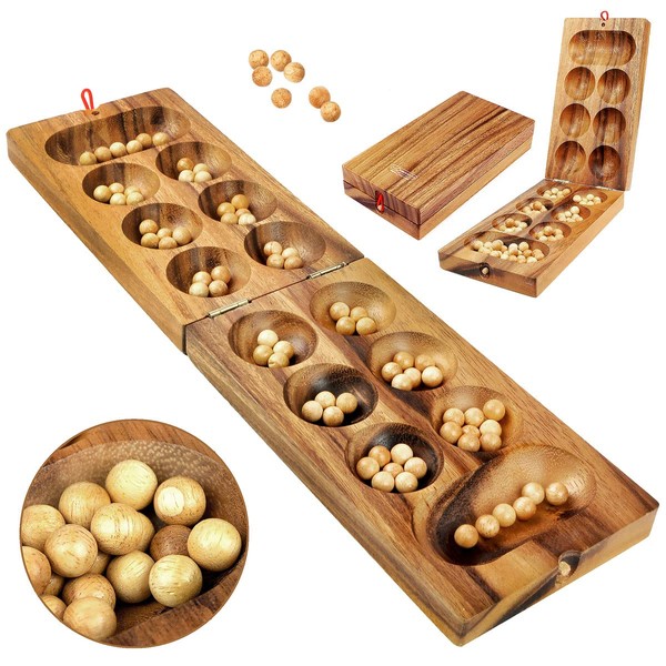 Logica Puzzles Art. Mancala - Board Game in Fine Wood - Strategy Game for 2 Players - Travel Versions - Eco Solid Wood Teak/Samena
