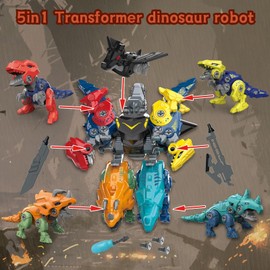 Rockclo - Robot transformador de dinosaurios 5 en 1, juego de juguetes para niños de 3, 4, 5, 6, 7, 8 años, construcción de construcción con kit de herramientas de taladro, el mejor regalo para