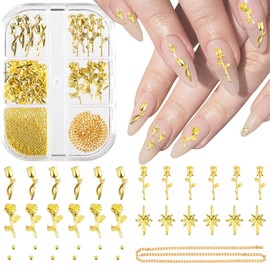 VARMDUKKE 3D Rose Nail Charm, Multi-Style Gold Rose Flower Star Stud Nail Jewels, Metal Mini Nail Pearl Beads, Glossy Nail Chain Accessories for Women Nail Decorations, DIY Crafts
