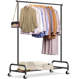 SLEEPING LAMB Heavy Duty Clothing Racks for Hanging Clothes Rack, 43" Wide Rolling Garment Rack Metal Clothing Hanger Rack with Wheels Wardrobe Rack for Coats, Shirts, Dress, (Black)