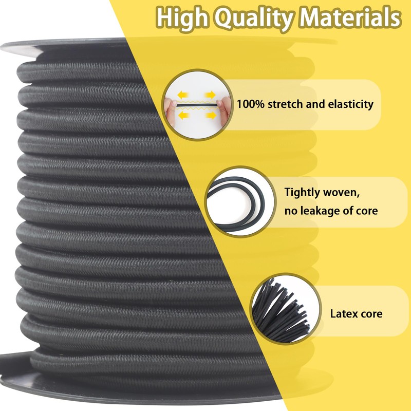 6mm Black Bungee Cord 1/4in 50ft Heavy Elastic Cord for