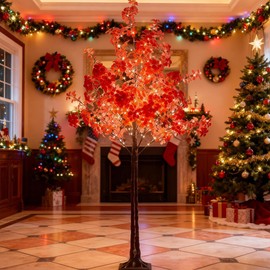 TYBEEU 6FT 5-Leaf Lucky Tree Christmas Tree with Warm White Lights - 300 LEDs Weatherproof Indoor/Outdoor Lighted Maple Tree, 16ft Extension Cord & Stakes, 4 Dimming Modes + Timer (Red)