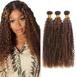 HeioWuio P4/30 Curly Wave Highlight Brazilian Remy Hair Bundles Brown Human Hair Bundle Tow Tone Hair Weaves Dark Brown Color Highlight Bundles 20 20 20 Inch