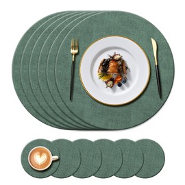 KERYCHIN Round Leather Placemats and Washable Coasters, Heat Resistant 212 °F, Non-Slip and Waterproof, Decorative Accessories for Restaurant, Kitchen, Hotel, Outdoor, Indoor, 12 Pieces, (Green)