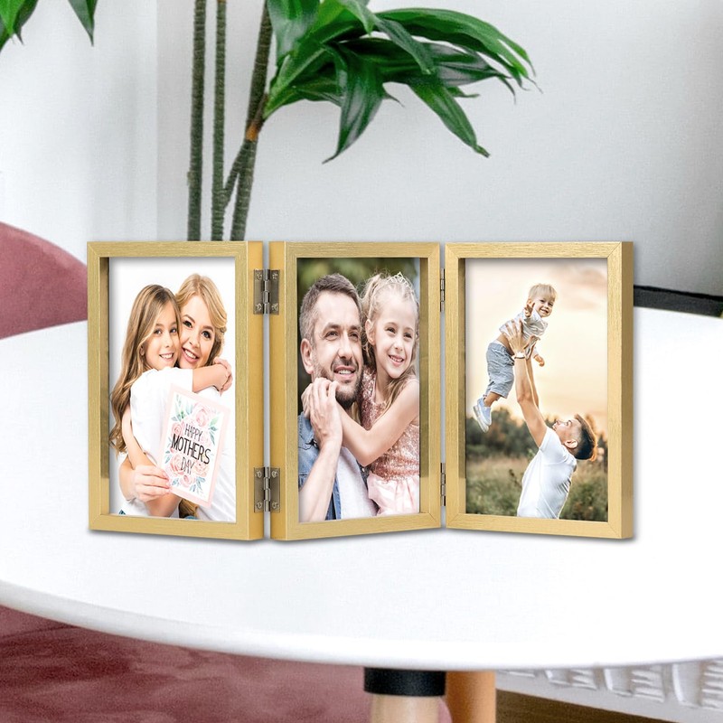 3 Picture Frame 5x7 Golden Triple Hinged MDF Wood with