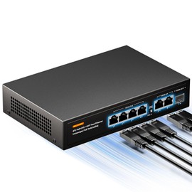 BLIYEE 6 Port Gigabit PoE Switch, 4 PoE+ Ports and 2 Ethernet Uplink with 1 1000M SFP Slot, High Power PoE Port | Desktop Fanless Design | Plug & Play | Black Metal Housing