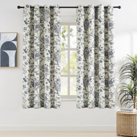 Melodieux Vintage Floral Blackout Curtains 63 Inches Long for Bedroom, Living Room Farmhouse Thermal Insulated Cotton Grommet Drapes French Country Toile de Jouy, 52 by 63 in, Navy Blue, 2 Panels