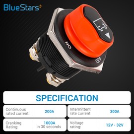 BlueStars ON/Off Battery Isolator Selector Switch for Boat 200A Continuous 300A Intermittent 12V to 32V Water-Proof Used for Boats, Marines, Cars, Vehicles, Campers, RV, Motorcycles, Yachts