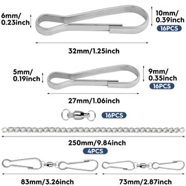 32 Stk Drehhaken zum Aufhängen, 25mm, 28mm Drehbare Haken, Drehbare Windspielhaken, Drehbare Clip, Clips, für Windspiel und Hängeketten, Spinning Windspielen Haken Clips, 4 Stück 25cm Edelstahlkette