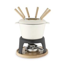 Twine Cast Iron Fondue Set with Metal Stand and Forks, Chocolate Melting Pot, Cheese Fondue Kit Set, Hosting Essentials 8.5", Off-Cream