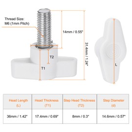 QUARKZMAN Pack of 20 Thumb Screws with T Wing Knobs, M8 x 14 mm, Plastic T-Head Threaded Bolts, Clamping Screw, Wing Screw, Grab Handles, 36 mm Clamping Button, Thumb Screws for Machine, White
