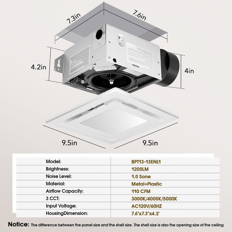 FEITON Bathroom Exhaust Fan with Light (3000K/4000K/5000K), Ceiling Mount, 110