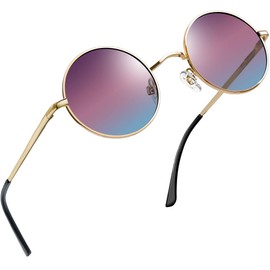 Joopin Retro Round Sunglasses Men's Polarised Vintage Steampunk Sunglasses Women's Round Hippie with Metal Frame, A09-gold brown-blue