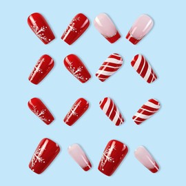 Christmas Coffin Press on Nails Medium Fake Nails with Snowflake Red White Stripes Design Red Glitter French Tip Glue on Nails Xmas False Nails Press ons Acrylic Glossy Stick on Nails for Women 24 Pcs