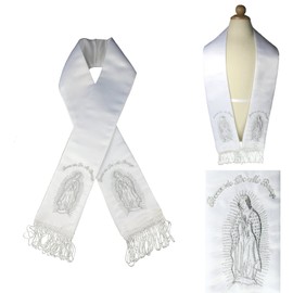 White Satin Stole Sash Baptism Christening Embroidered Virgin Maria in Gold Silver (L:(5T-7) in Silver)