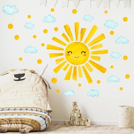 Watercolor Sun Clouds Wall Decals,Boy Girl Room Decoration Sun Stickers,Peel and Stick Removable Sun and White Clouds Wall Decor,for Boys and Girls Room, Children's Bedroom, Nursery Decoration