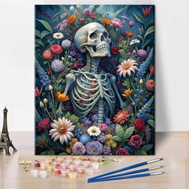 TISHIRON Paint by Numbers Kit for Adults Skeleton with Flower Adult Paint by Number with Brushes Skull Among Flowers Painting Oil Paint by Numbers DIY Painting Art Crafts for Home 16x20 in