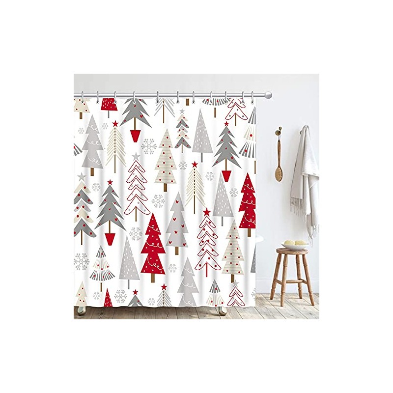 GOOESING Christmas Shower Curtain, Hand Drawing Christmas Tree Cloth Fabric