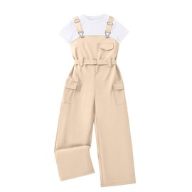Hilinker Girl's Overalls 2 Piece Outfits Short Sleeve Top and Cargo Jumpsuit Set with Pockets White Apricot 7-8Y