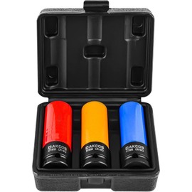 DAKCOS 3PC 1/2 Inch Drive Wheel Protector Impact Socket Thin Wall Deep Impact Socket Set with Plastic Sleeve 6 Point Cr-Mo Metric Protective Lug Nut Socket 17mm,19mm,21mm