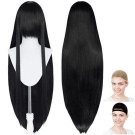 CaseEden 6028 Premium Cosplay Wig, Smooth, Straight Long, 39.4 inches (100 cm), Black, Black Hair