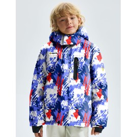 GEMYSE Boy's Waterproof Ski Snow Jacket Hooded Fleece Lined Windproof Winter Jacket (Blue & White Printing,8)