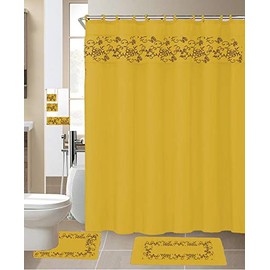 Comfy Deal 18 Pieces Shower Curtain with Matching Fabric Hook, Embroidery Bath Mat,Contour Rug and Towel Set (Gold)