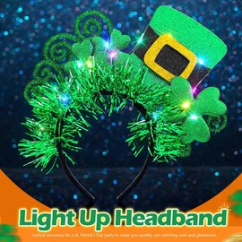 DRESBE St. Patrick's Day Light Up Headband Green LED Shamrock Hat Headbands Irish Festival Hair Accessories for Women (A)