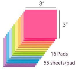 (16 Pack) Sticky Notes 3x3, Self-Stick Pads Bright Colors Sticky Note, Recyclable, Easy to Stick for Home, Office, Notebook