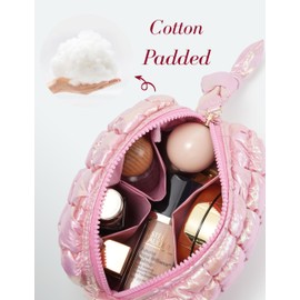 Yarnic Quilted Makeup Bag Cosmetic Bag, Travel Toiletry Bag for Women, Cute Makeup Bag Organizer Puffer Makeup Pouch (Iridescent Pink, S)