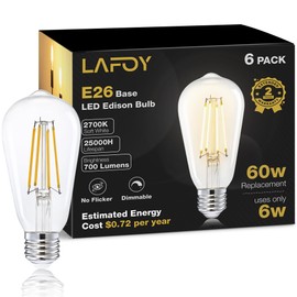 LED Edison Bulbs 60 Watt Dimmable, Vintage E26 Light Bulb Soft White 2700K, ST58 Teardrop Antique Style 60W Equivalent Lightbulbs, Medium Base 6W 700 Lumen 120V, 6 Pack